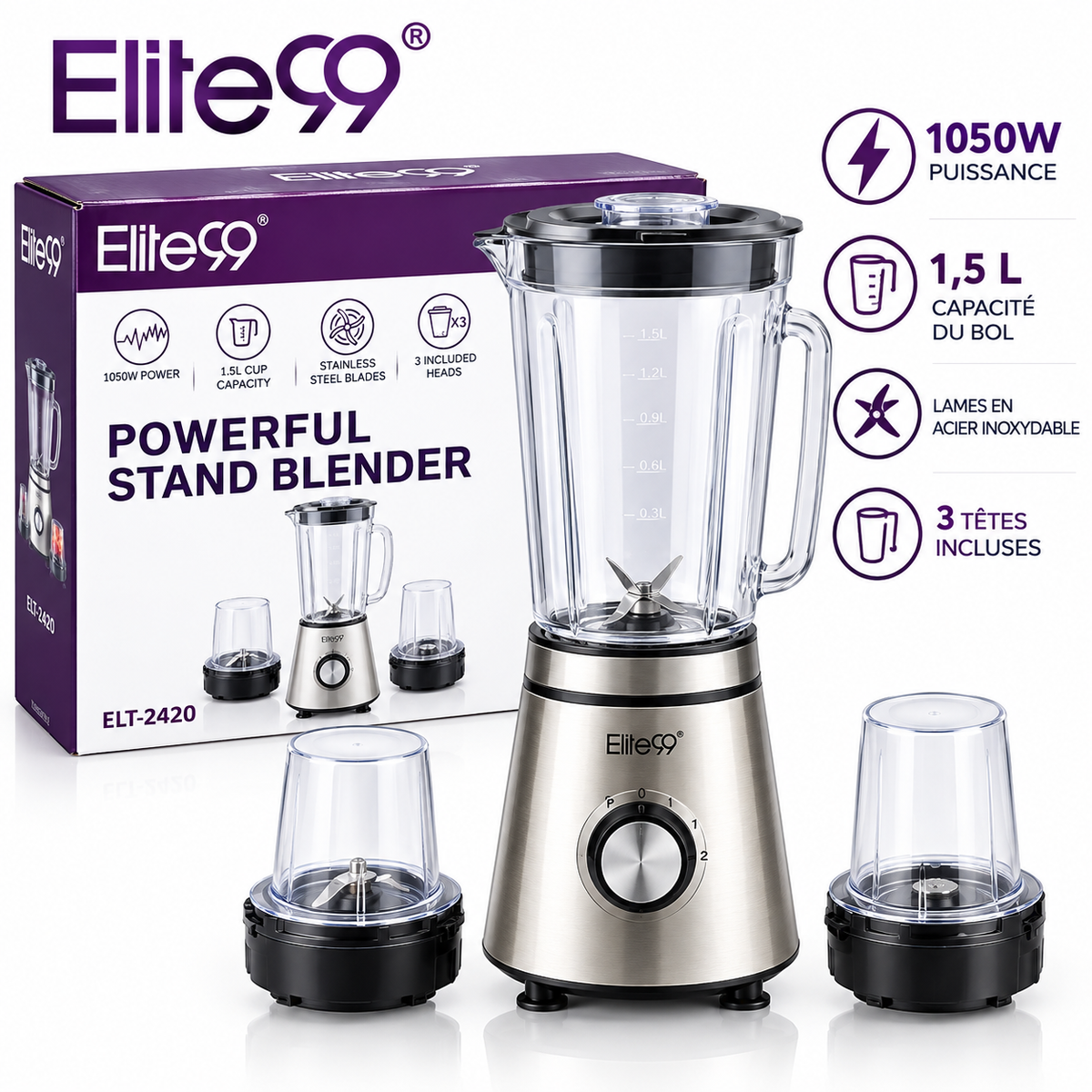 Elite99 – ELT-2420 – Blender de Cuisine - Puissance 1050 W