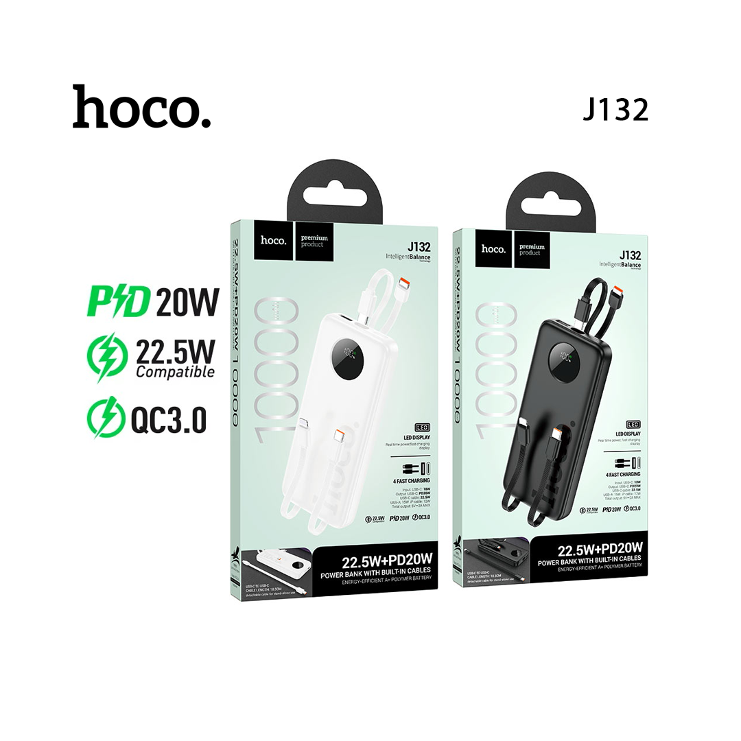Power Bank HOCO J132 10000mAh 22.5W + PD 20W avec Câbles Intégrés et Écran LED