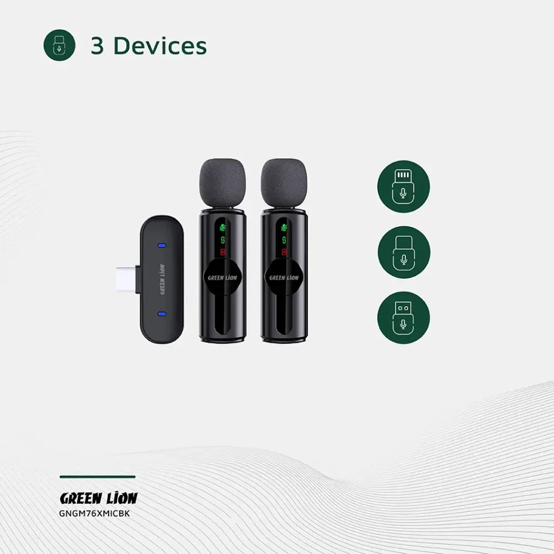 Microphone Sans Fil Green Lion GM-76X - Double Micro avec Réduction de Bruit (USB-A/Type-C/Lightning)