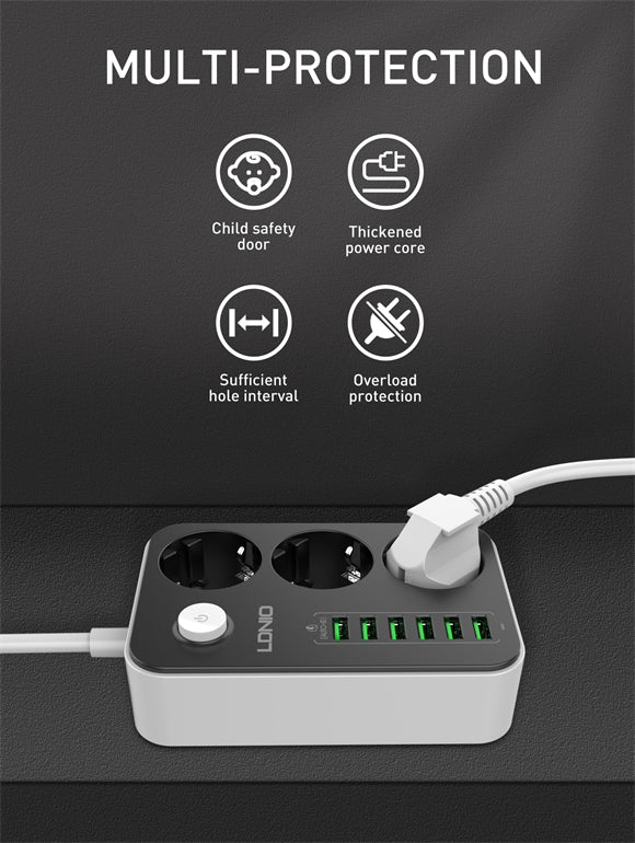 LDNIO SE3631 – Multiprise Electrique Premium 3 Prises Schuko + 6 Ports USB