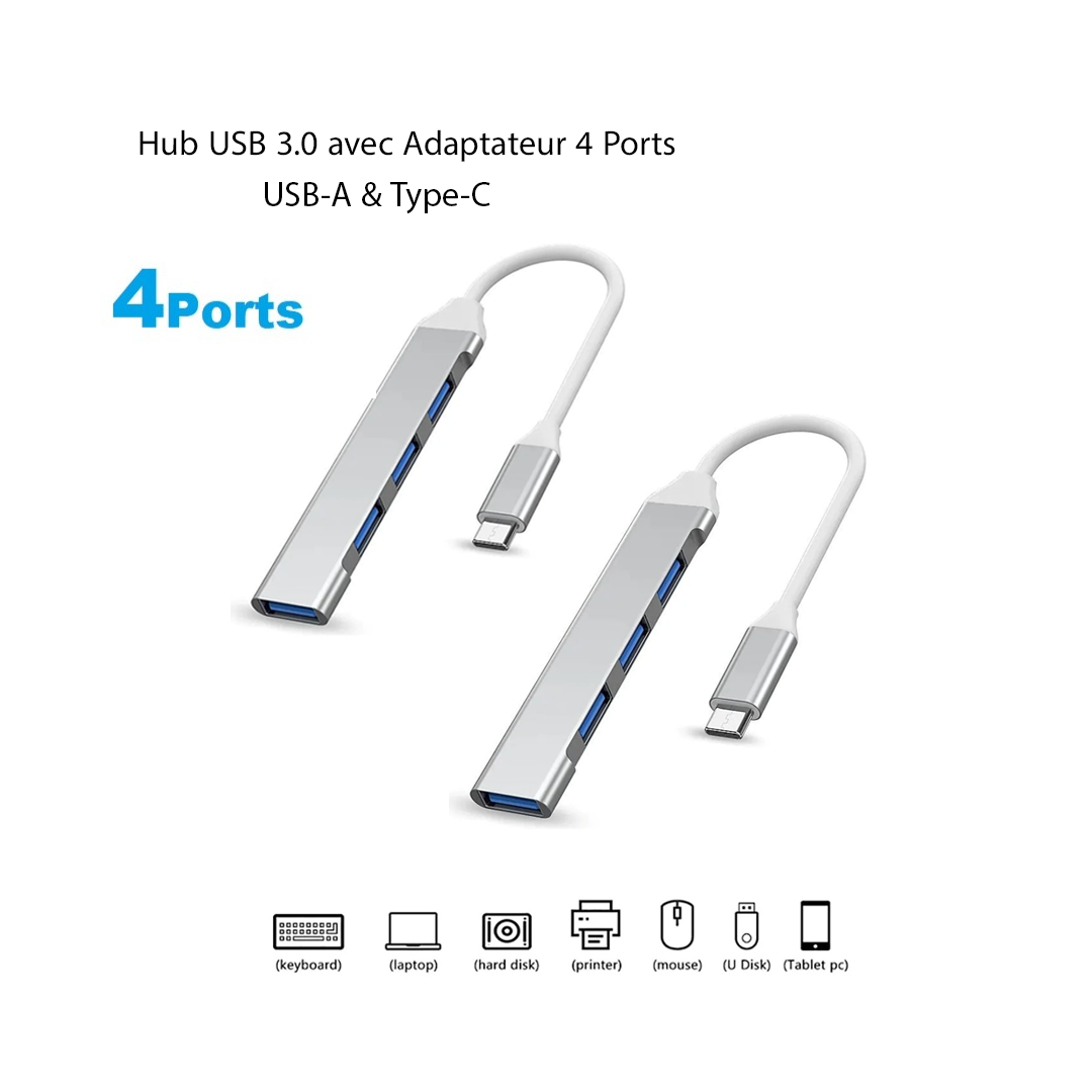 Adaptateur Hub USB 3.0 - 4 Ports (Type-C & USB)