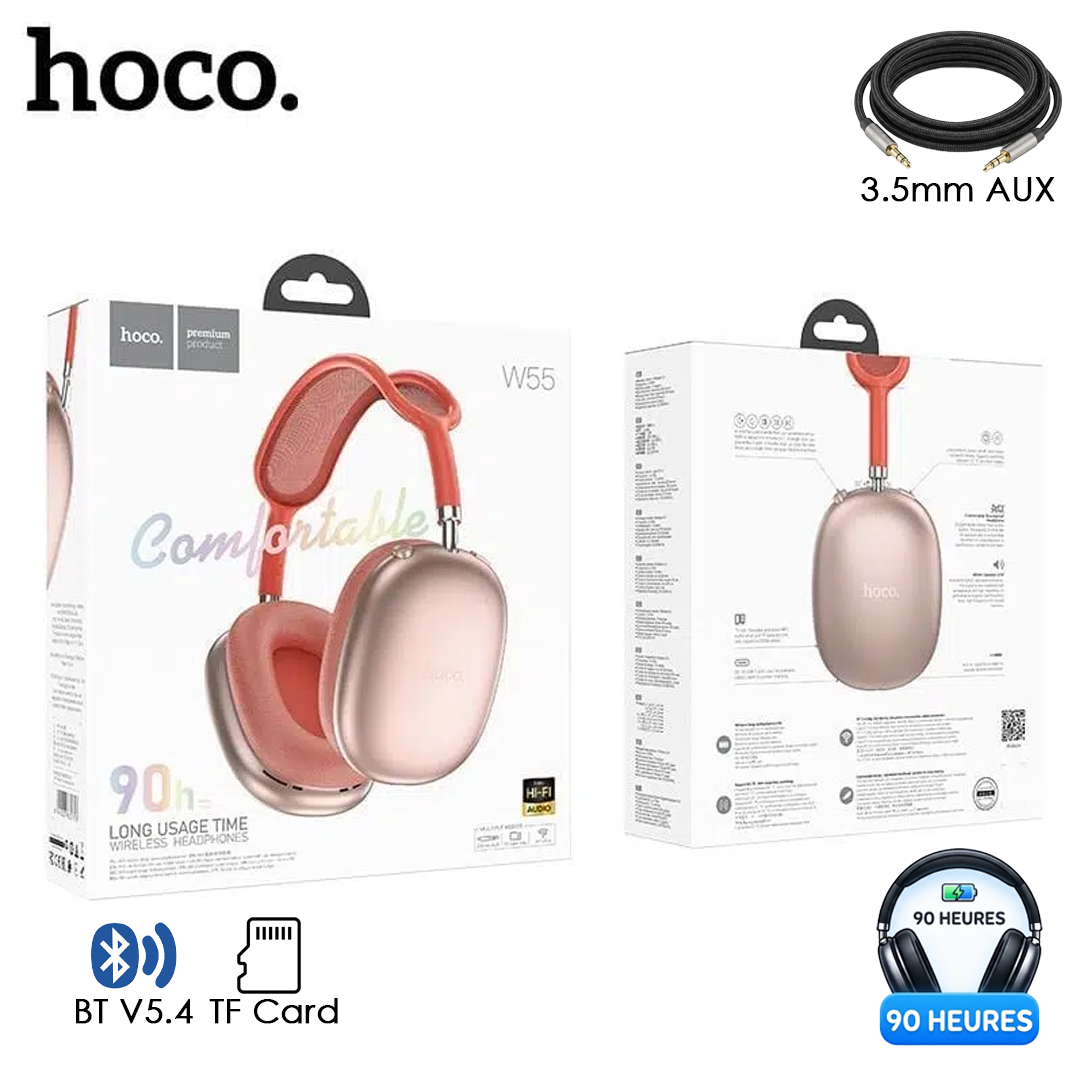 Casque Sans Fil Bluetooth Hoco W55 – Autonomie 90h & Son Hi-Fi - Rose
