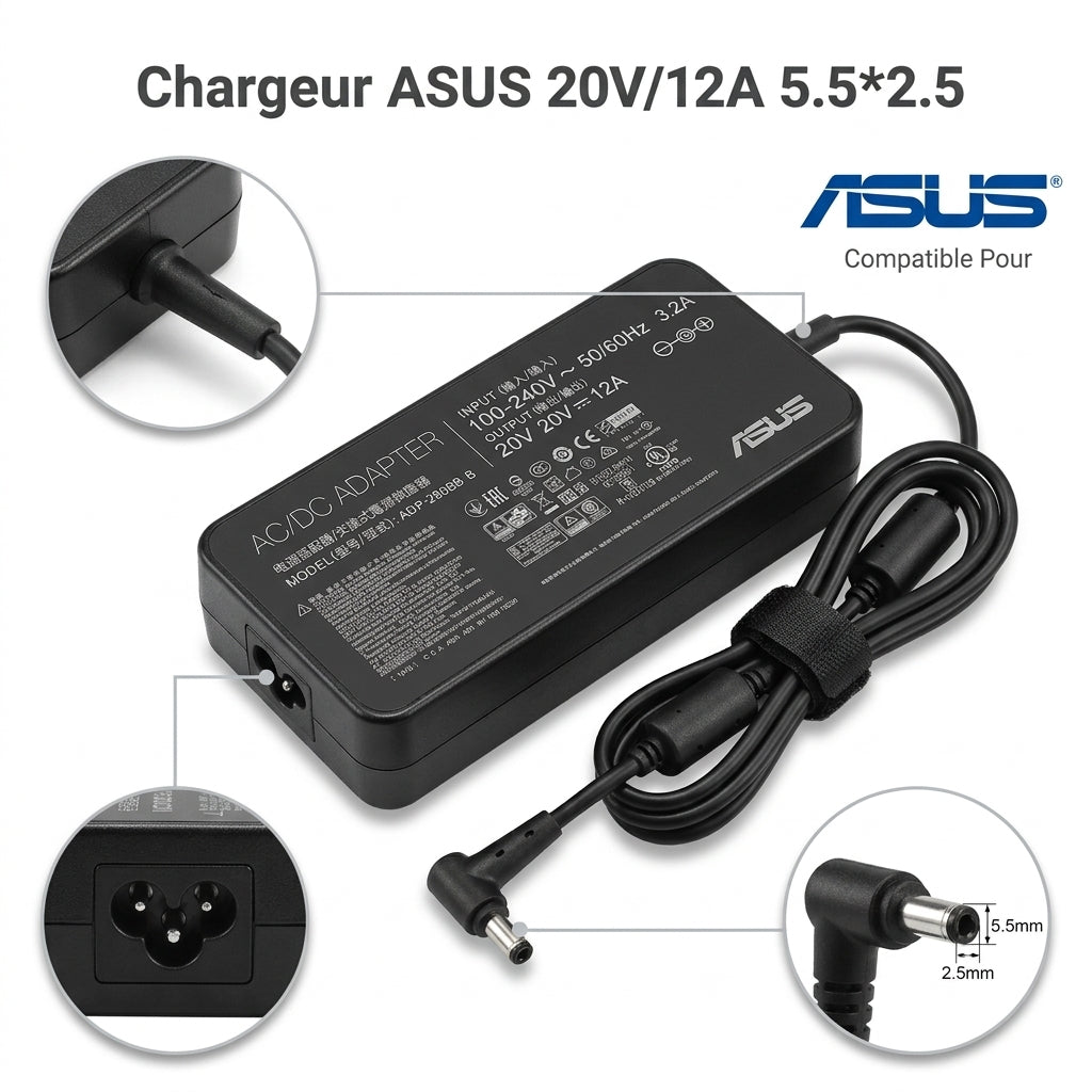 Chargeur Laptop ASUS Original 240W 20V 12A – Fiche 5.5x2.5 mm avec Câble Trèfle Excellent État