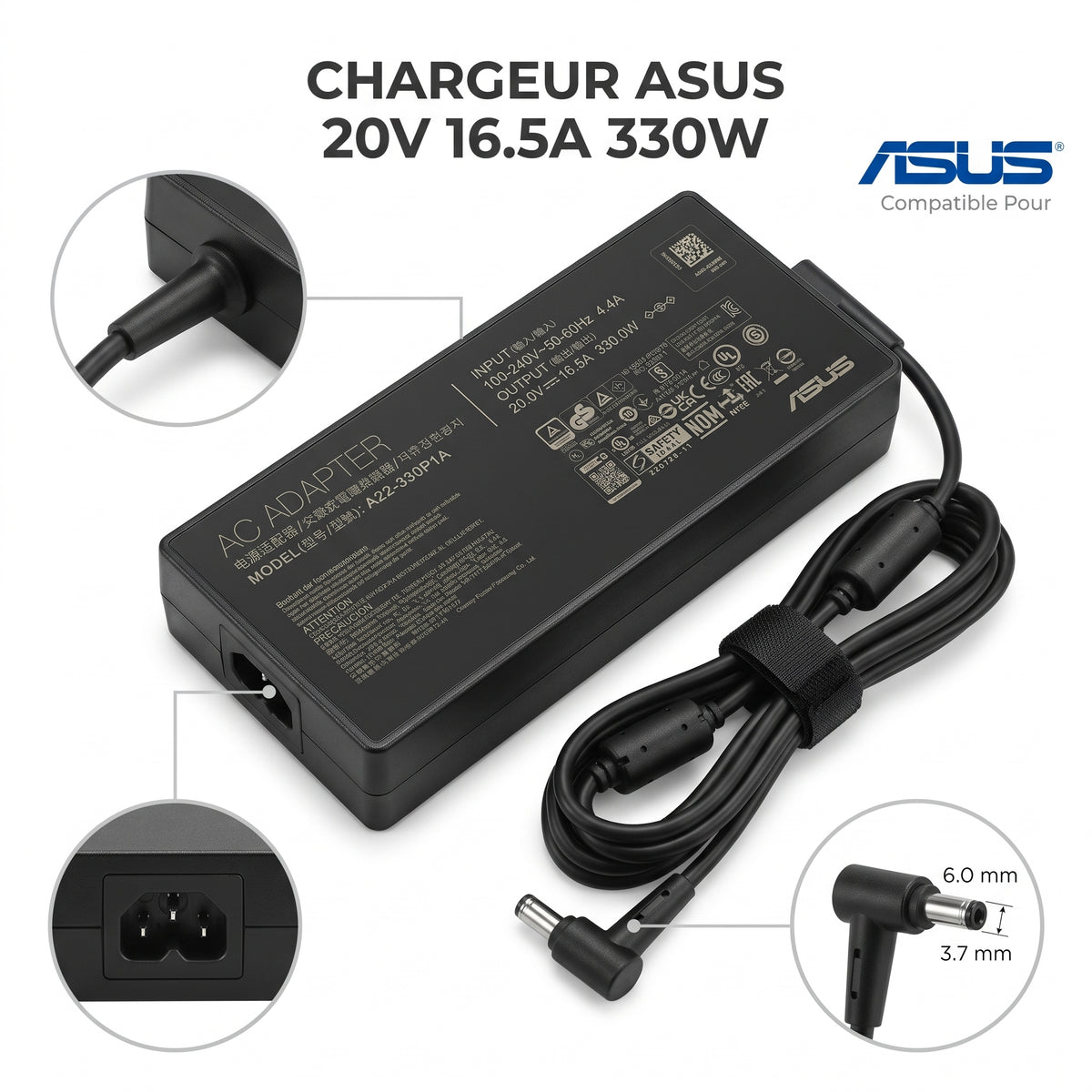Chargeur Laptop ASUS Original 330W 20V 16.5A – Fiche 6.0x3.7mm pin avec Câble Trèfle Excellent État