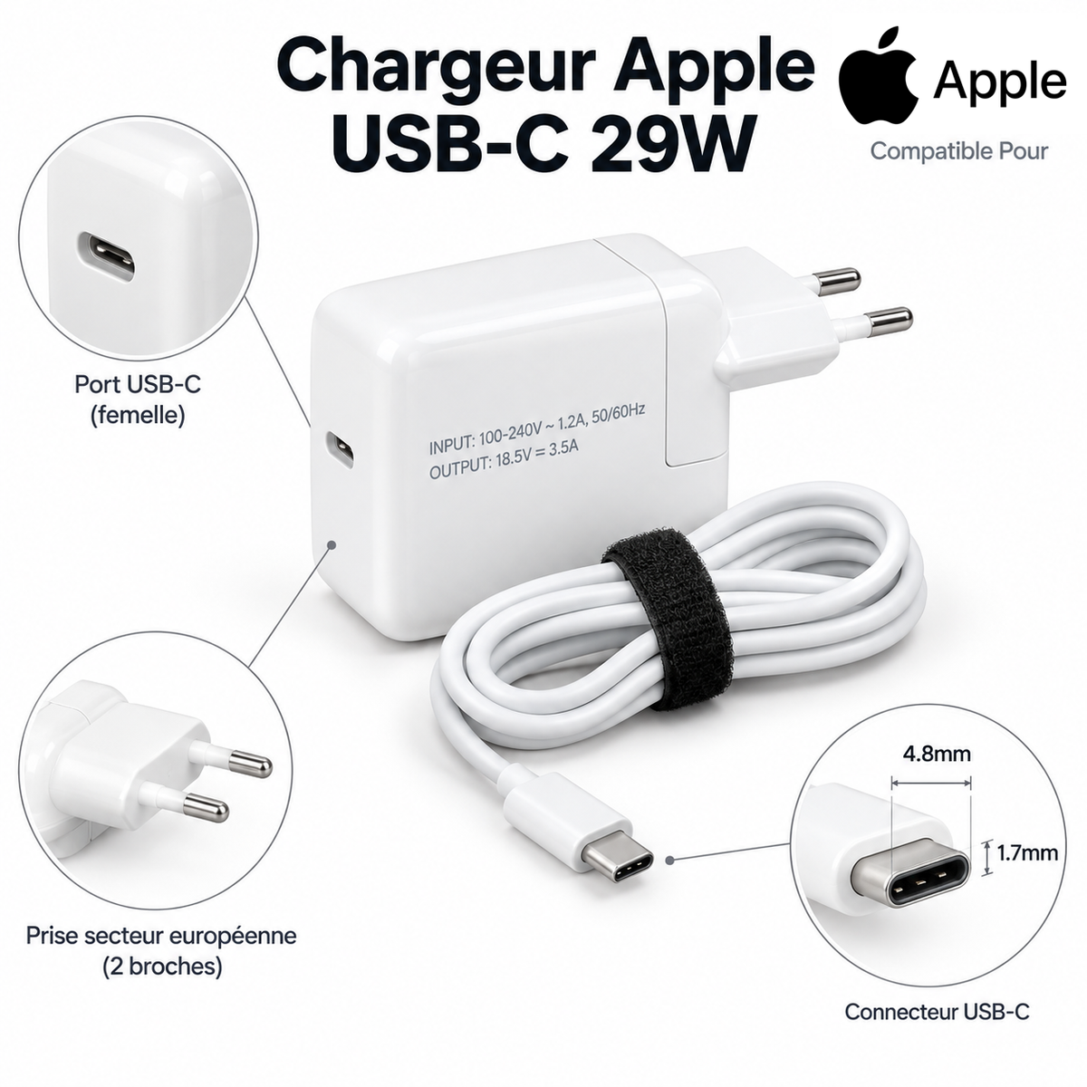 Chargeur Laptop Apple Original – 29W - 14.5V – 2A - Connecteur USB Type-C - État Neuf