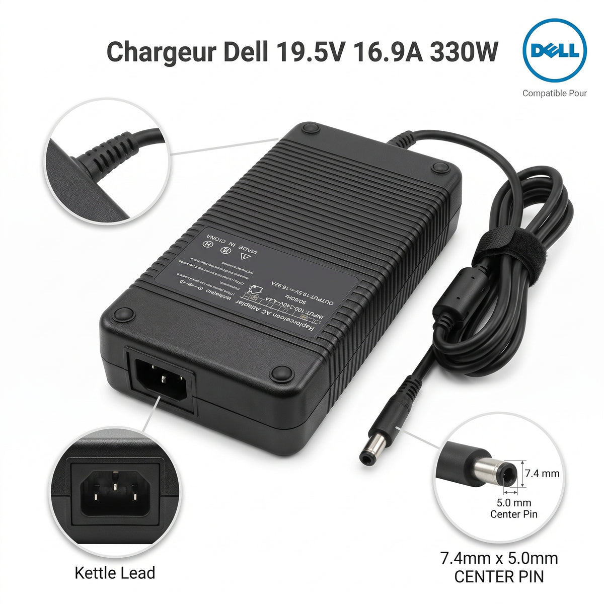 Chargeur Laptop Dell Original 330W 19.5V 16.9A – Fiche 7.4x5.0 mm avec Câble Trèfle Excellent État