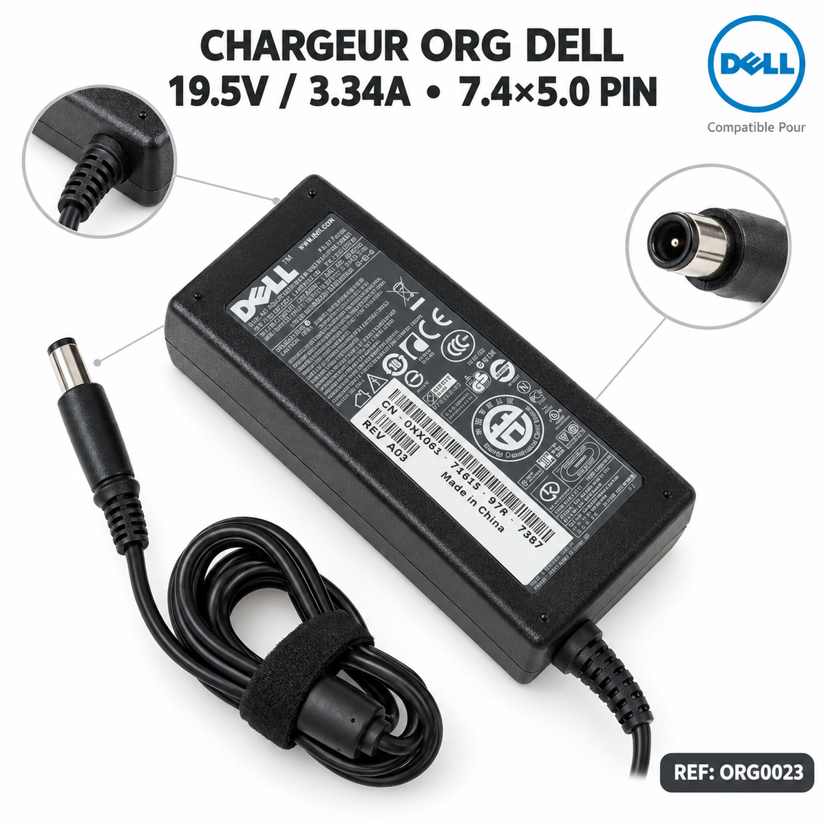 Chargeur Laptop Dell Original – 65W - 19.5V – 3.34A - Connecteur Gros Embout 7.4x5.0mm - État Neuf