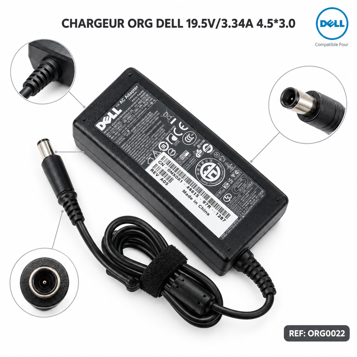 Chargeur Laptop Dell Original – 65W - 19.5V – 3.34A - Connecteur Petit Embout 4.5x3.0mm - État Neuf