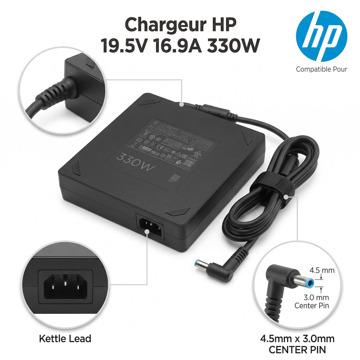 Chargeur Laptop HP Original 330W 19.5V 16.9A – Fiche 4.5x3.0 mm avec Câble Trèfle Excellent État