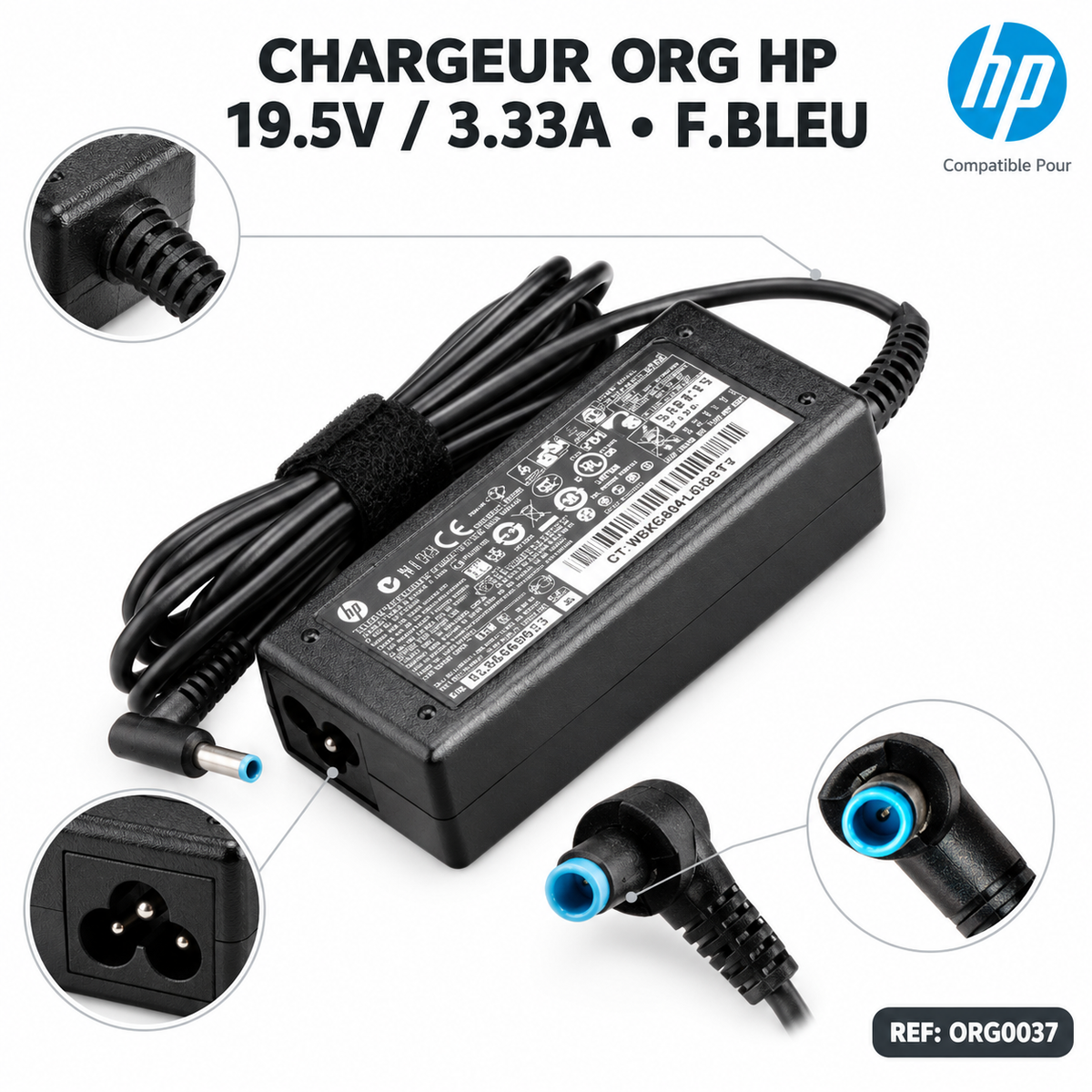 Chargeur Laptop HP Original – 65W - 19.5V – 3.33A - Connecteur Embout Bleu 4.5x3.0mm - État Neuf