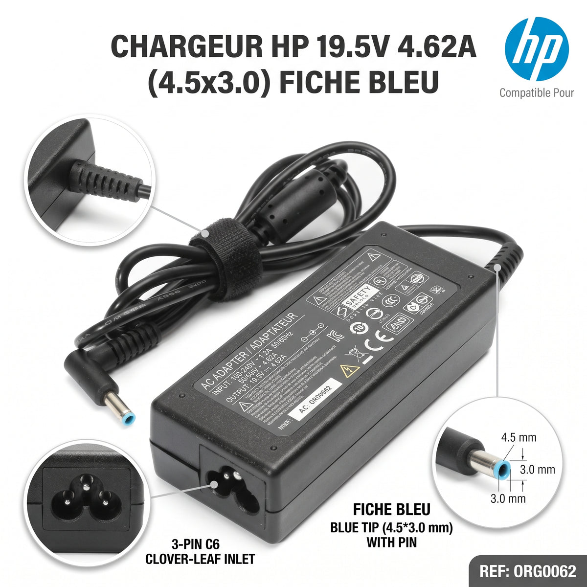 Chargeur Laptop HP Original – 90W - 19.5V – 4.62A - Connecteur Embout Bleu 4.5x3.0mm - État Neuf