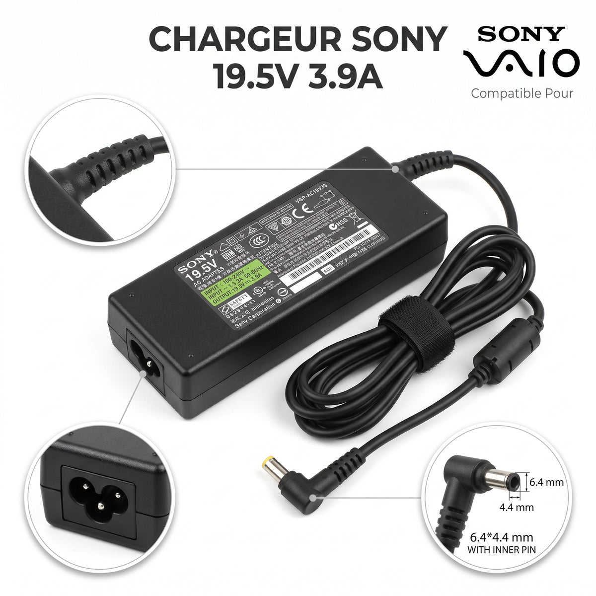 Chargeur Laptop Sony Original – 76W | 19.5V – 3.9A | Connecteur avec Pin 6.4x4.4mm | État Neuf