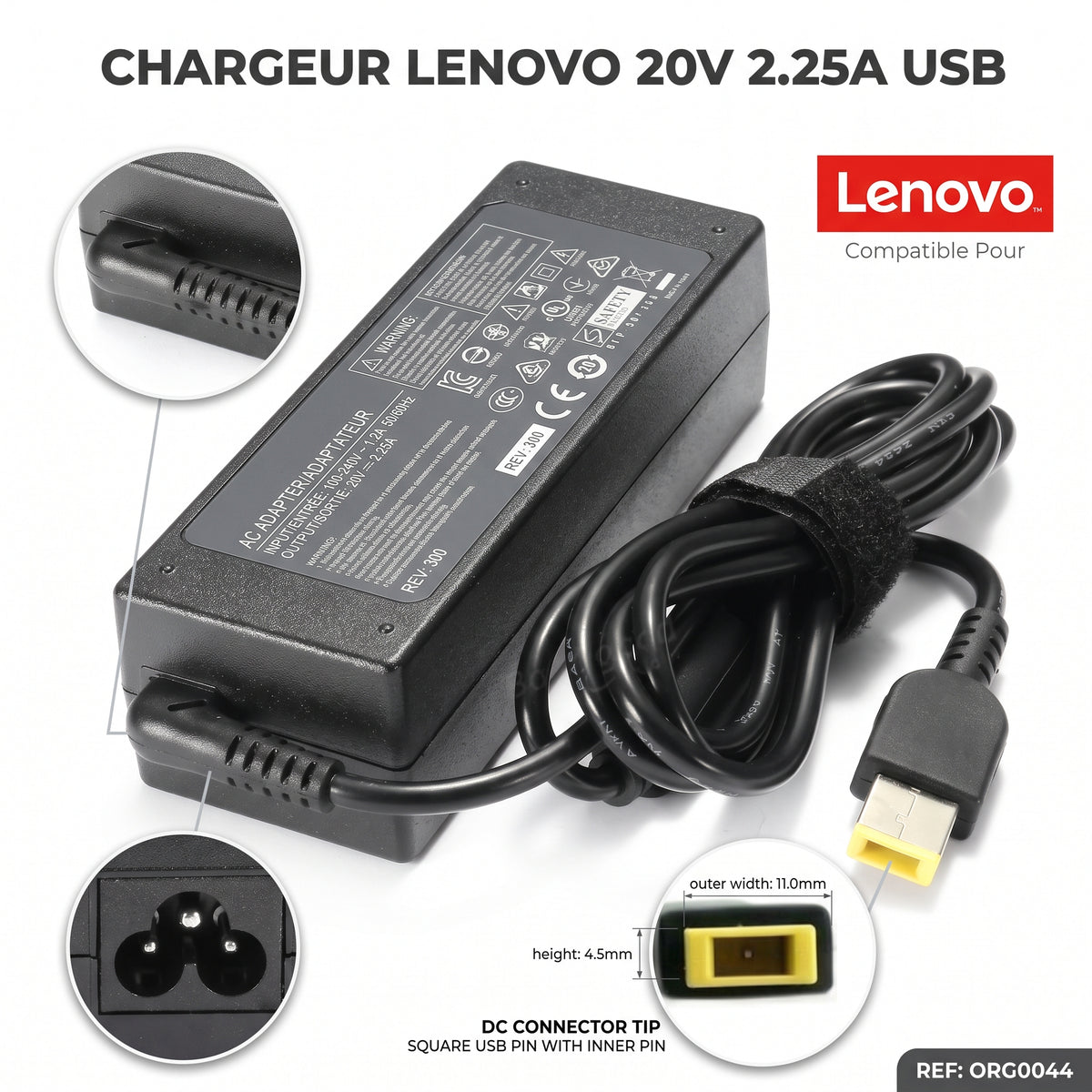 Chargeur Laptop Lenovo Original 45W 20V 2.25A Square USB