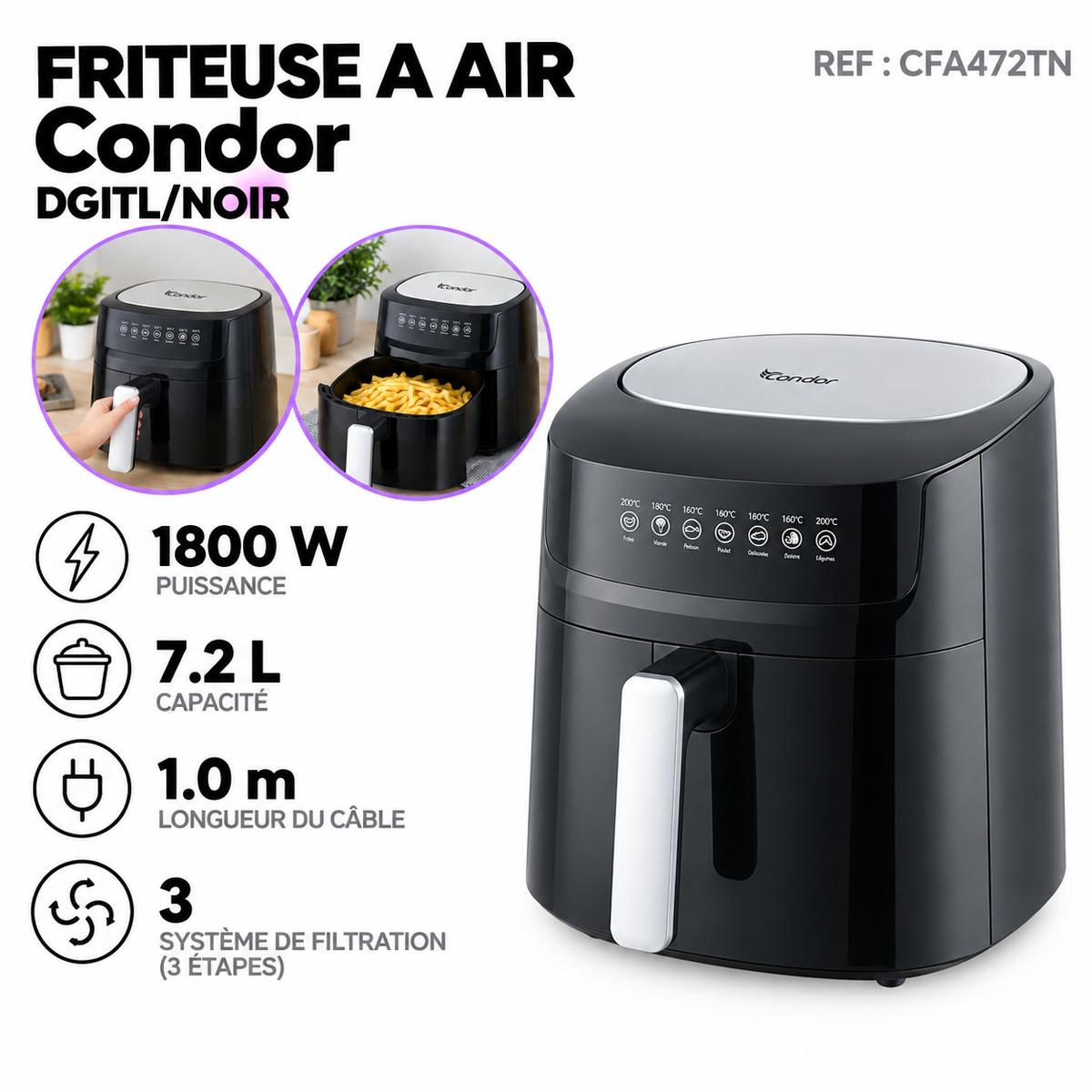 FRITEUSE A AIR 7.2L 1800W/ DGITL/NOIR CONDOR / CFA472TN