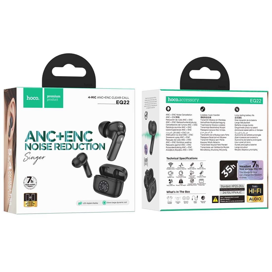 Hoco EQ22 – Ecouteurs Sans Fil TWS - Bluetooth 5.4 - ANC + ENC - Noir