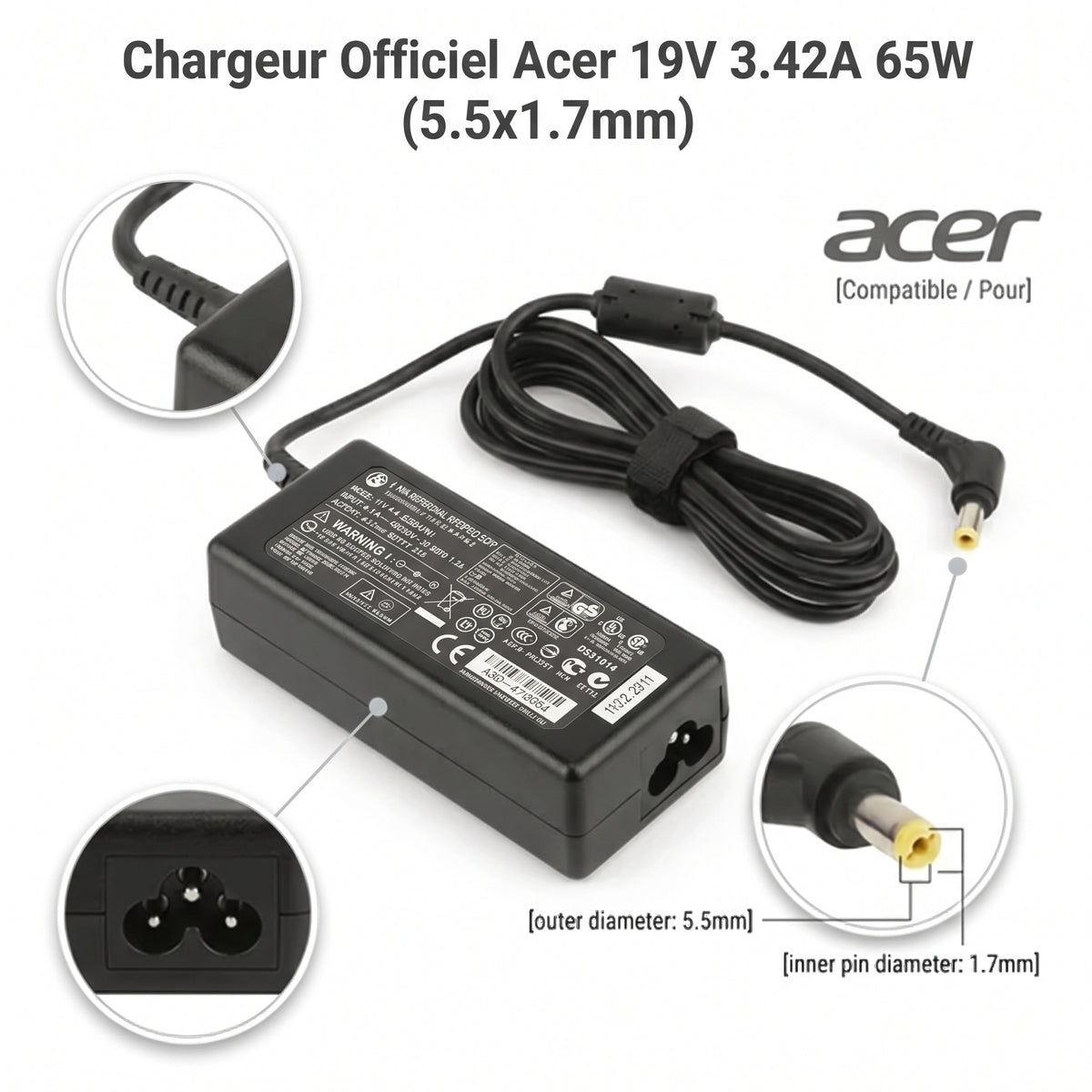 Chargeur Laptop ACER Original – 65W - 19V – 3.42A - Connecteur Embout Jaune 5.5x1.7mm - État Neuf