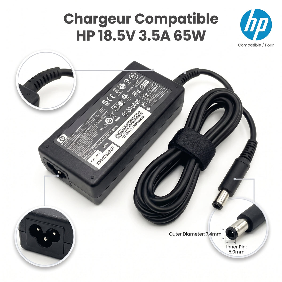 Chargeur Laptop HP Original – 65W - 18.5V – 3.5A - Connecteur Gros Embout 7.4x5.0mm - État Neuf