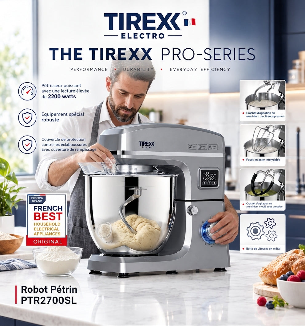 Tirexx PTR2700 – Robot Pétrin - Puissance 2000 W (Boîte de Vitesses Métal)