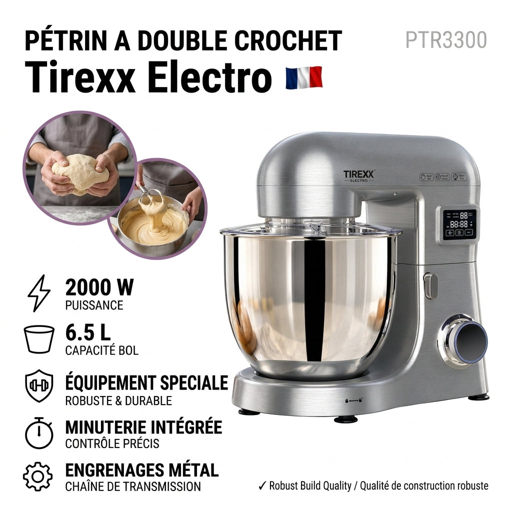 Tirexx PTR3300 – Robot Pétrin Métallique - Puissance 2000 W