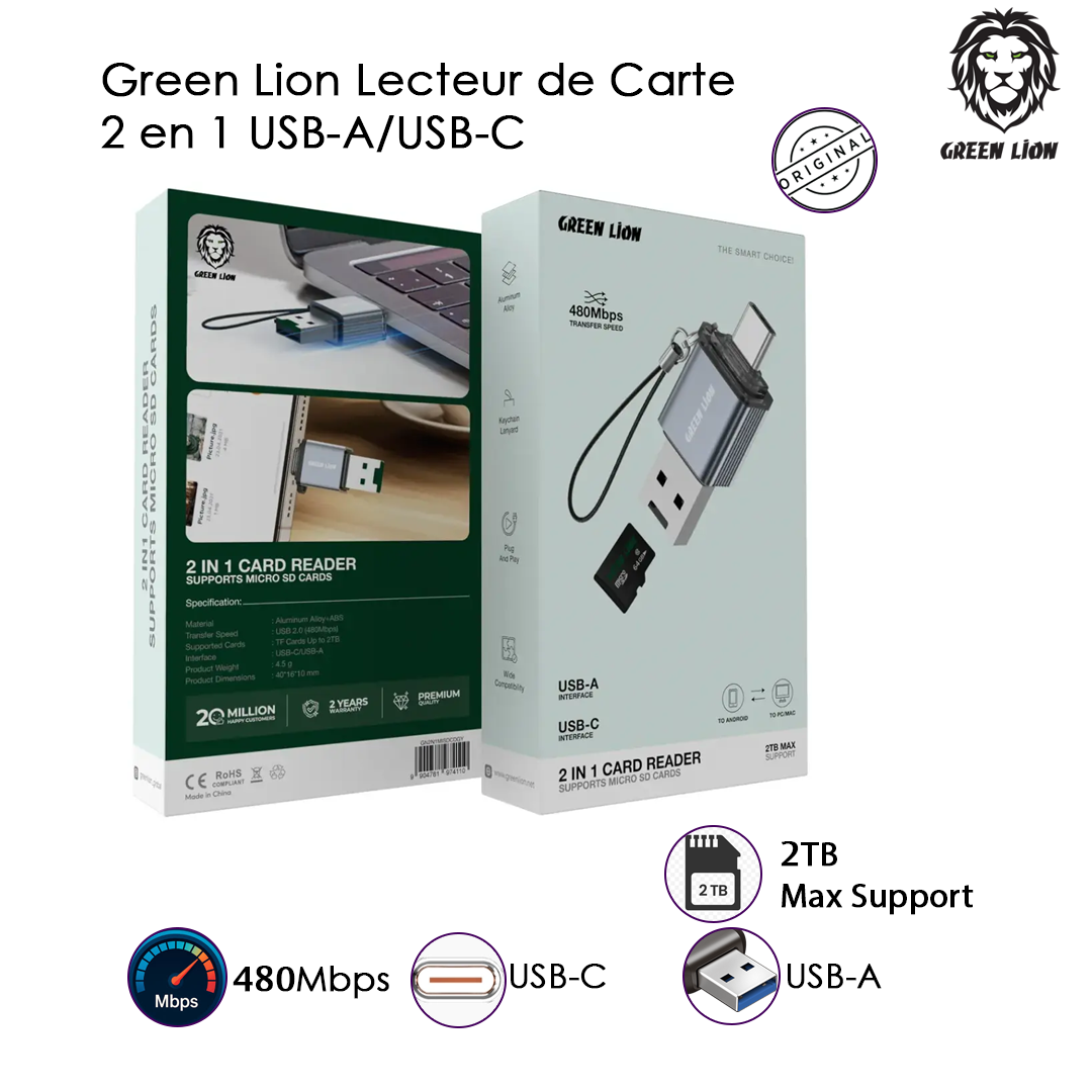 Green Lion Lecteur de Carte 2 en 1 USB-A/USB-C 480Mbps
