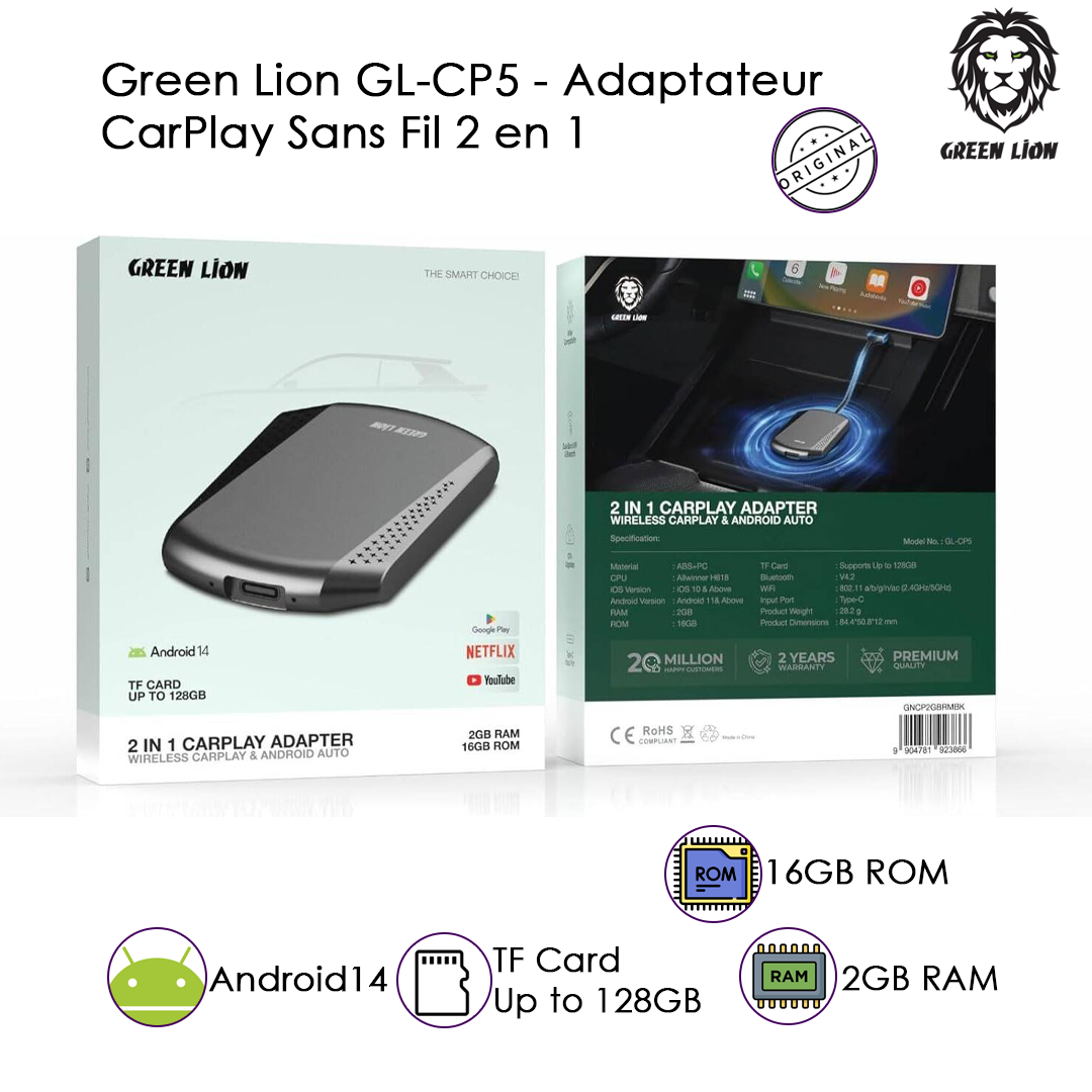 Green Lion GL-CP5 - Adaptateur CarPlay Sans Fil 2 en 1