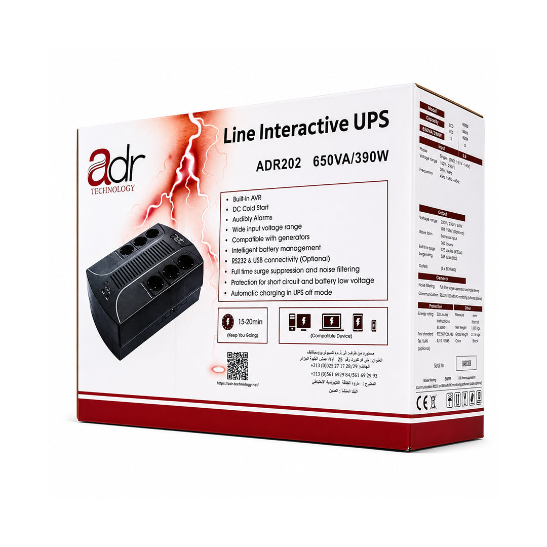 Onduleur UPS ADR202 Interactif en Ligne – 650VA / 390W