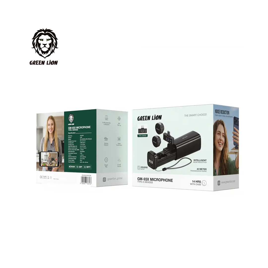 Microphone Sans Fil Green Lion GM-93X USB-C Double Émetteur avec Réduction Intelligente du Bruit