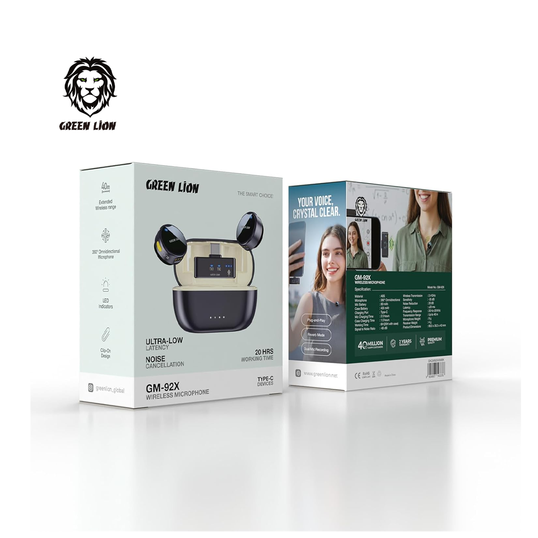 Microphone Sans Fil Green Lion GM-92X USB-C Double Émetteur avec Réduction de Bruit – Faible Latence
