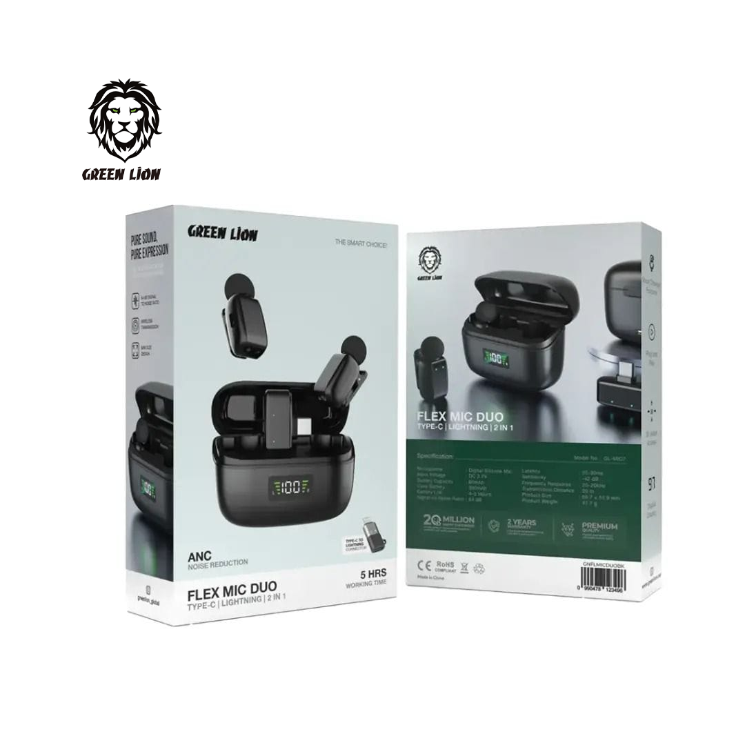 Microphone Sans Fil Green Lion Flex Mic Duo - 2 en 1 (Type-C & Lightning), Réduction de Bruit ANC & 5h d'Autonomie