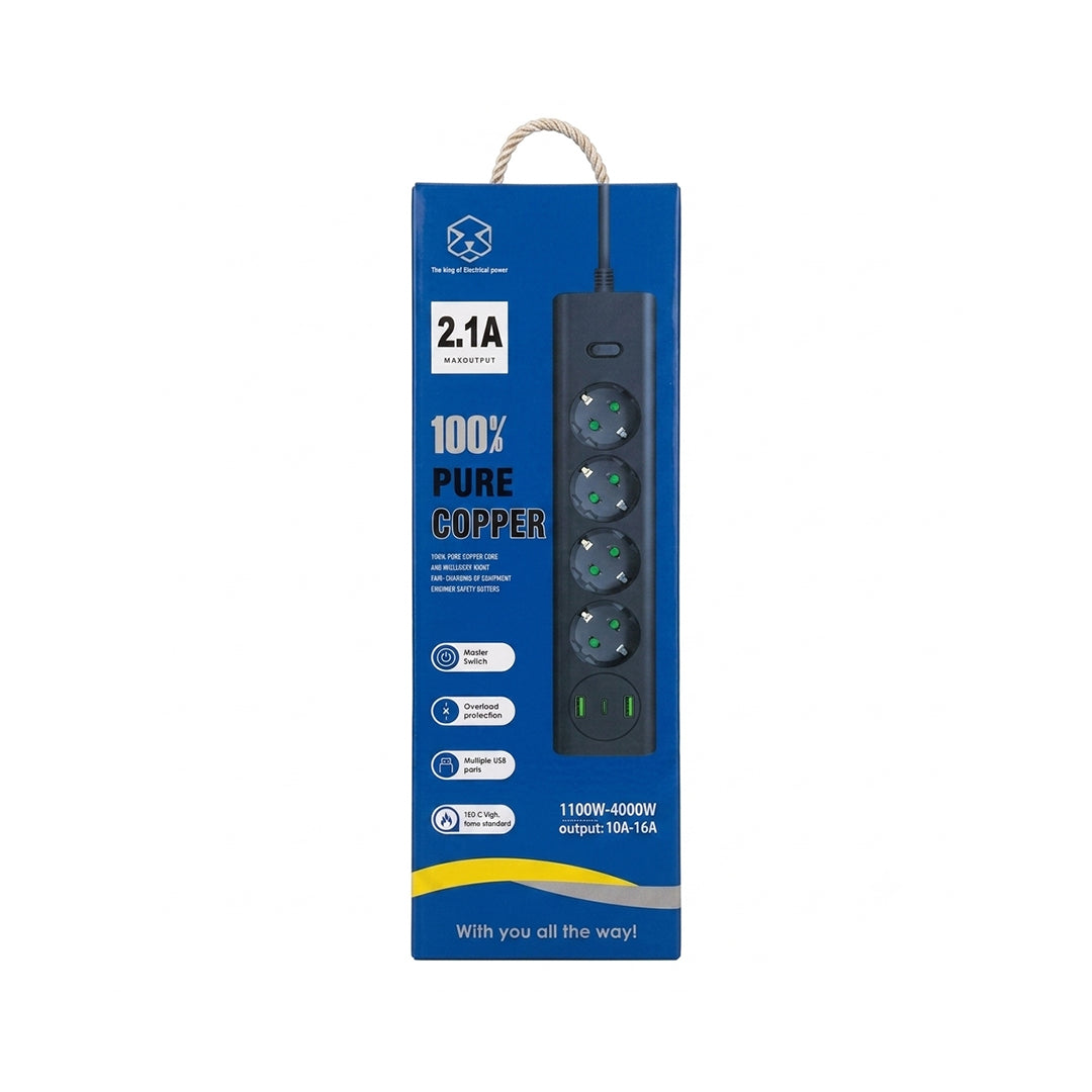 Multiprise Électrique 100% Cuivre Pur | 4 Prises Schuko + 2 Ports USB | 1100W–4000W