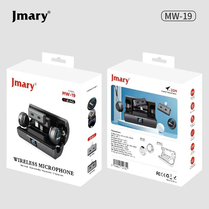 Microphone Sans Fil Jmary MW-19 (2.4GHz) - Système Lavalier avec Boîtier de Charge, Réduction de Bruit & Portée 20m