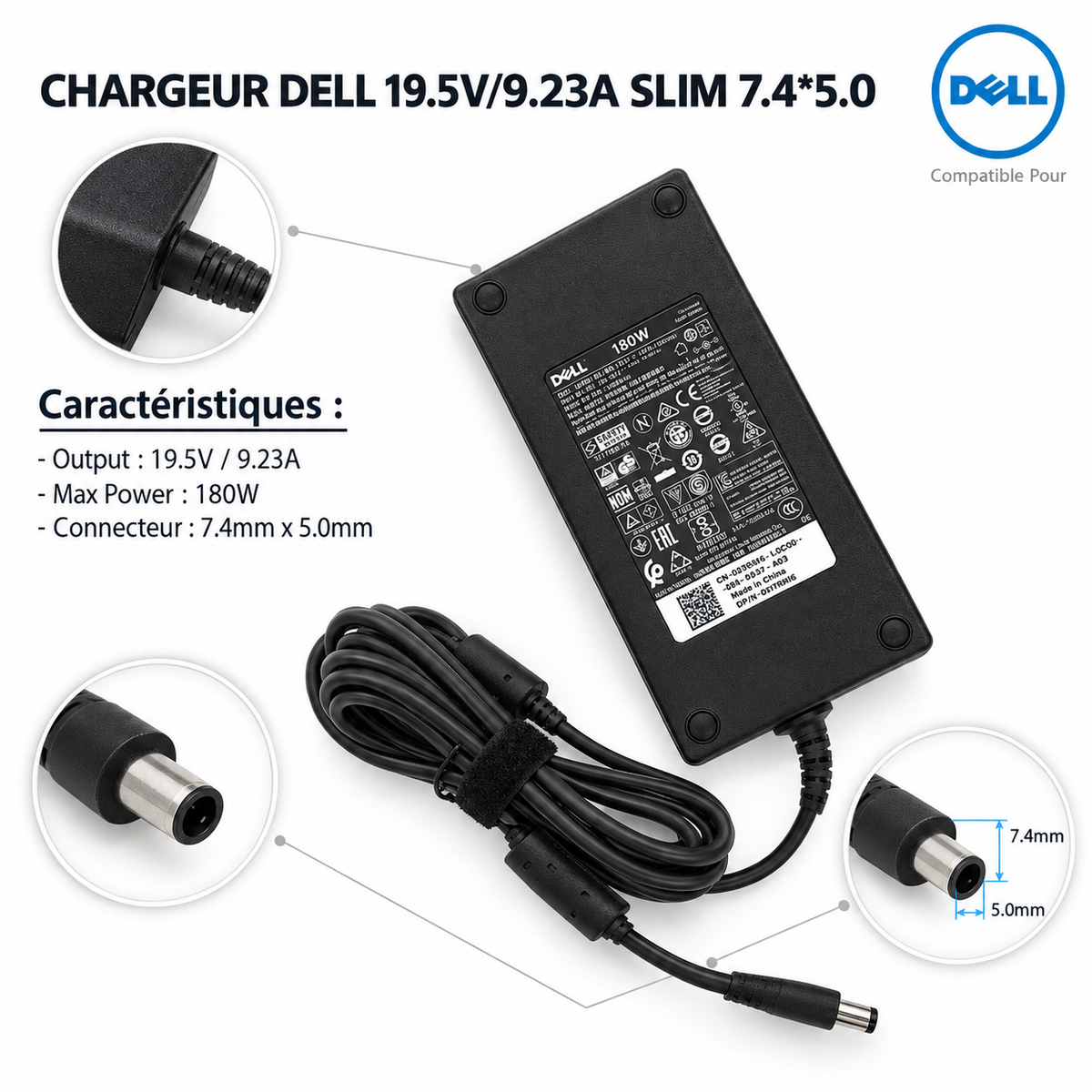 Chargeur Laptop Dell Original – 180W - 19.5V – 9.23A - Connecteur avec Pin 7.4x5.0mm - État Neuf