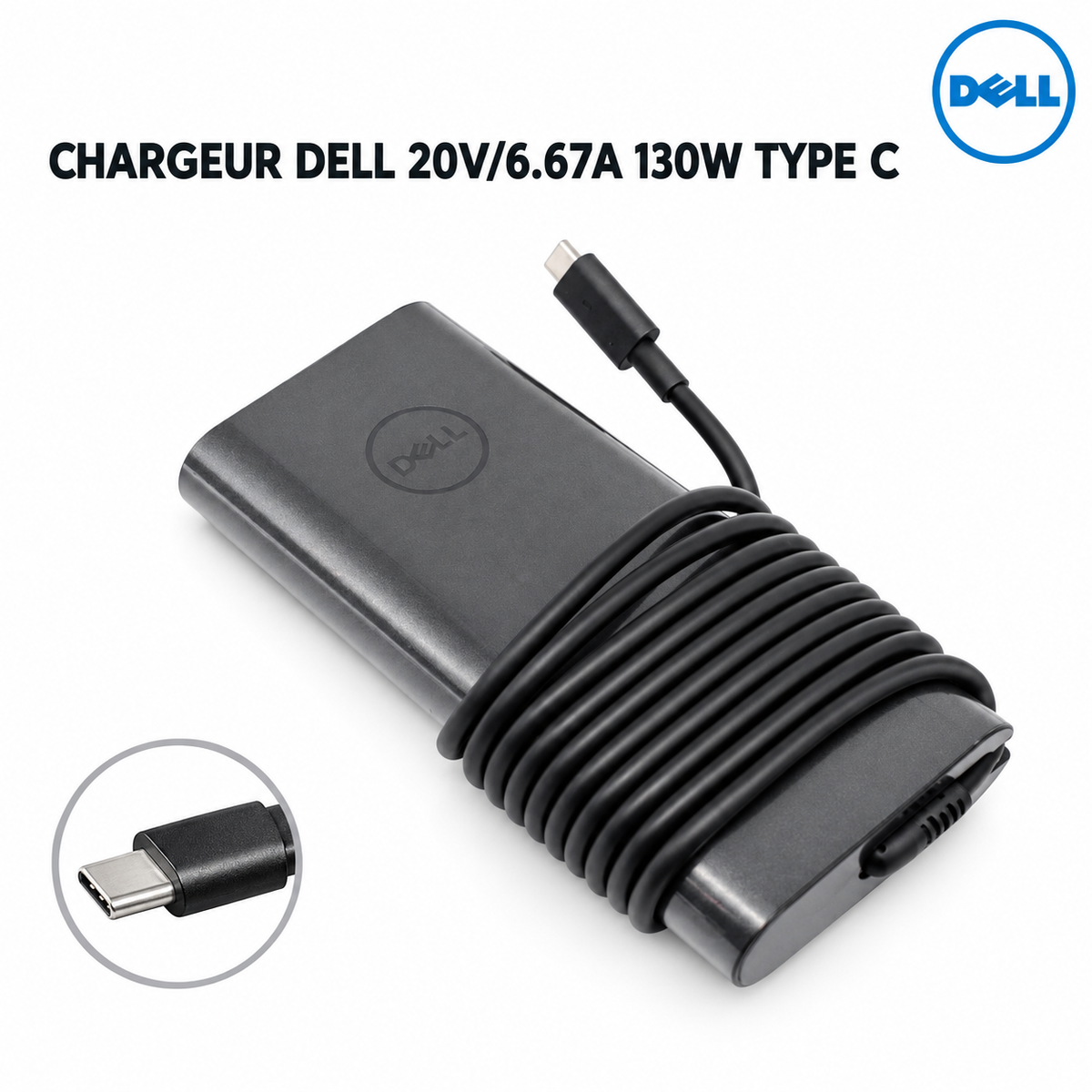 Chargeur Laptop Dell Original 130W 20V 6.67A – Fiche USB Type-C Excellent État