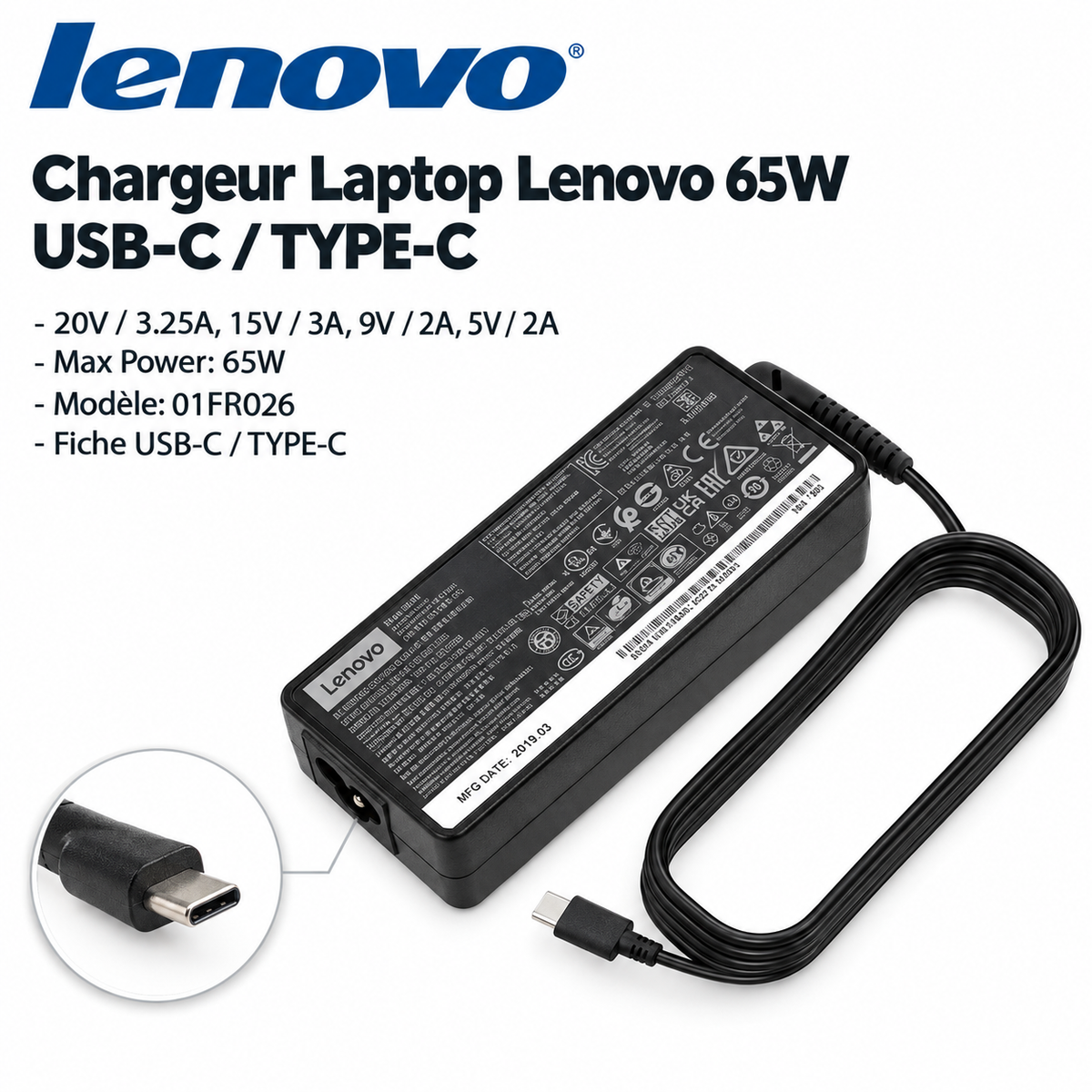 Chargeur Laptop Lenovo Original – 65W - 20V – 3.25A - Connecteur USB Type-C - État Neuf