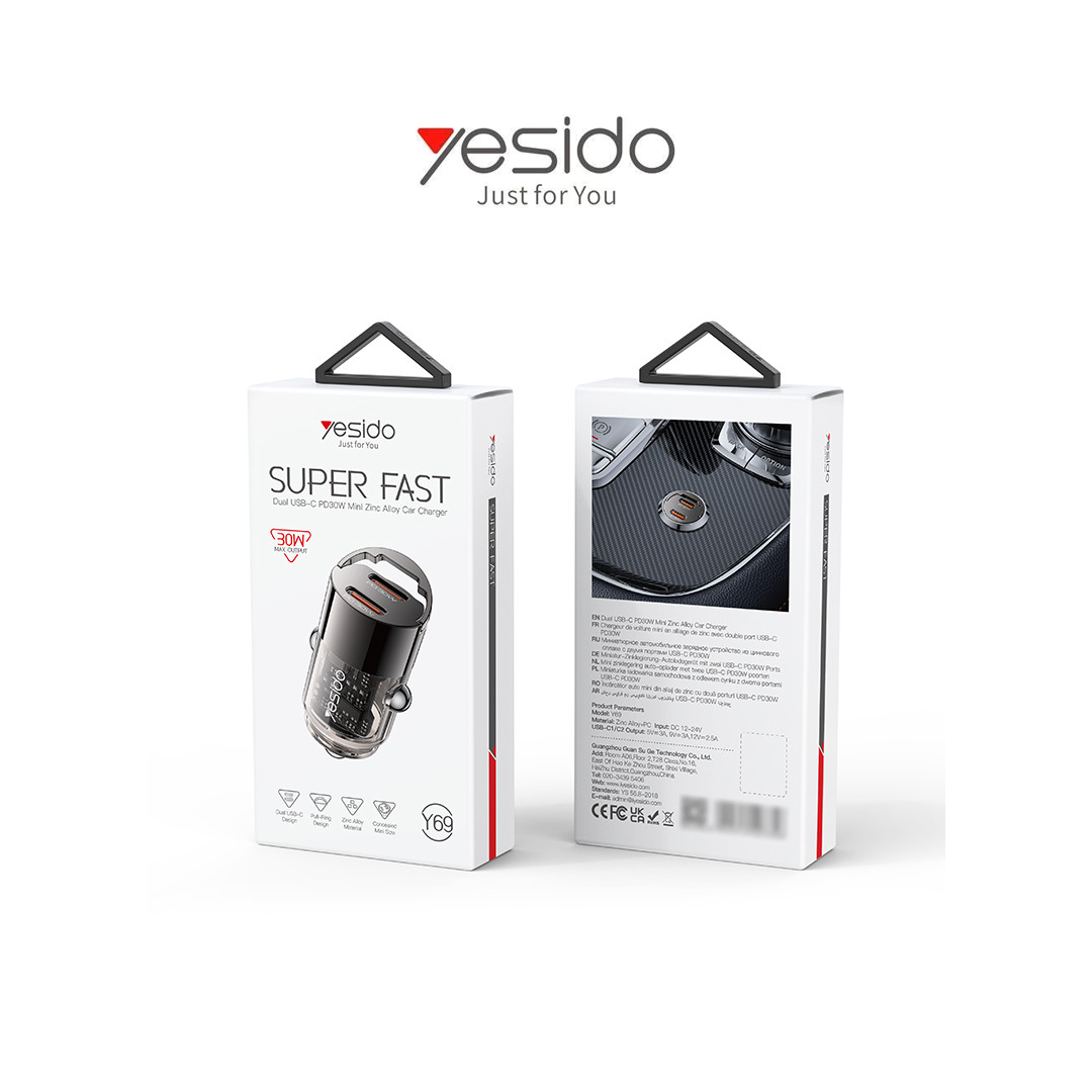 Mini Chargeur de Voiture Yesido Y69 - Double USB-C 30W