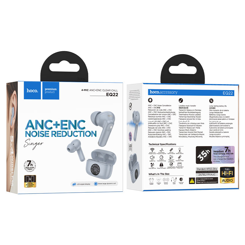 Hoco EQ22 – Ecouteurs Sans Fil TWS - Bluetooth 5.4 - ANC + ENC - Blue