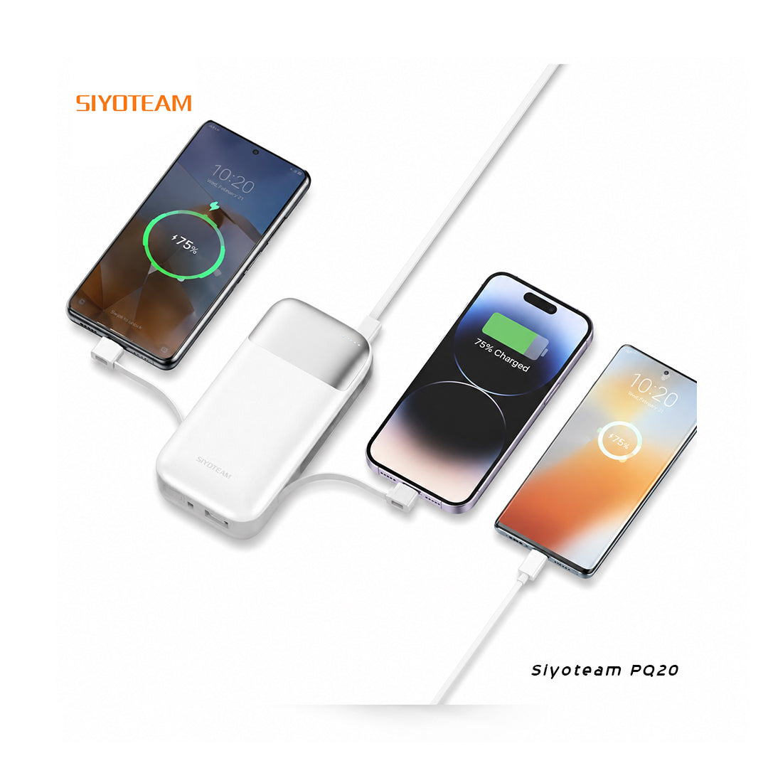 Siyoteam P020 – Power Bank 20 000 mAh avec câbles intégrés Blanc