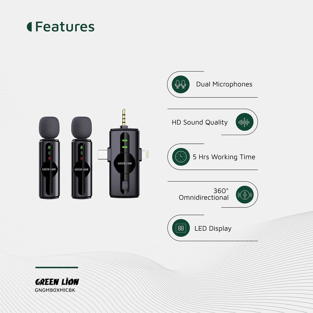 Green Lion GM-80X – Microphone sans fil 3-en-1 à réduction de bruit Noir