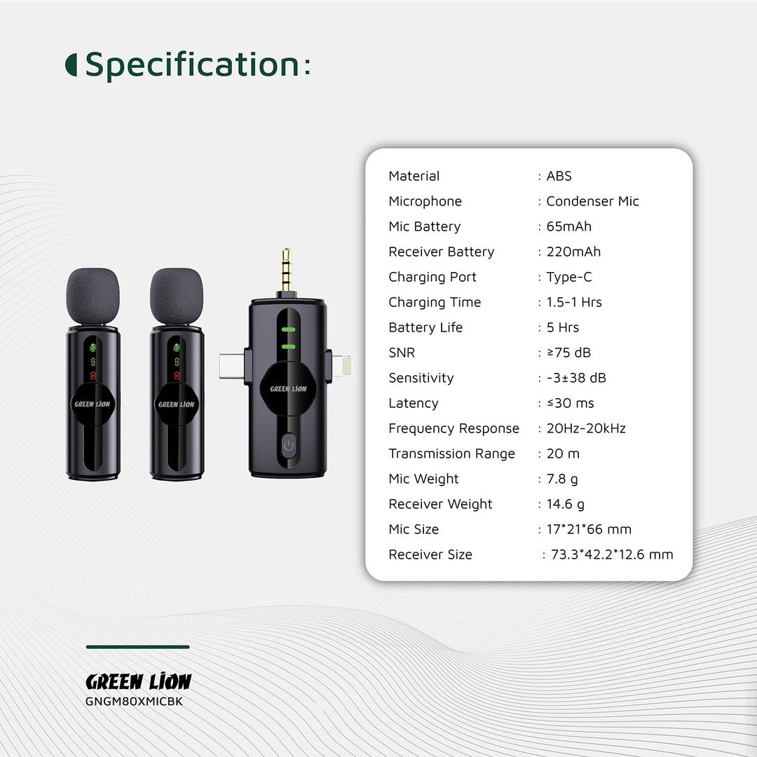 Green Lion GM-80X – Microphone sans fil 3-en-1 à réduction de bruit Noir
