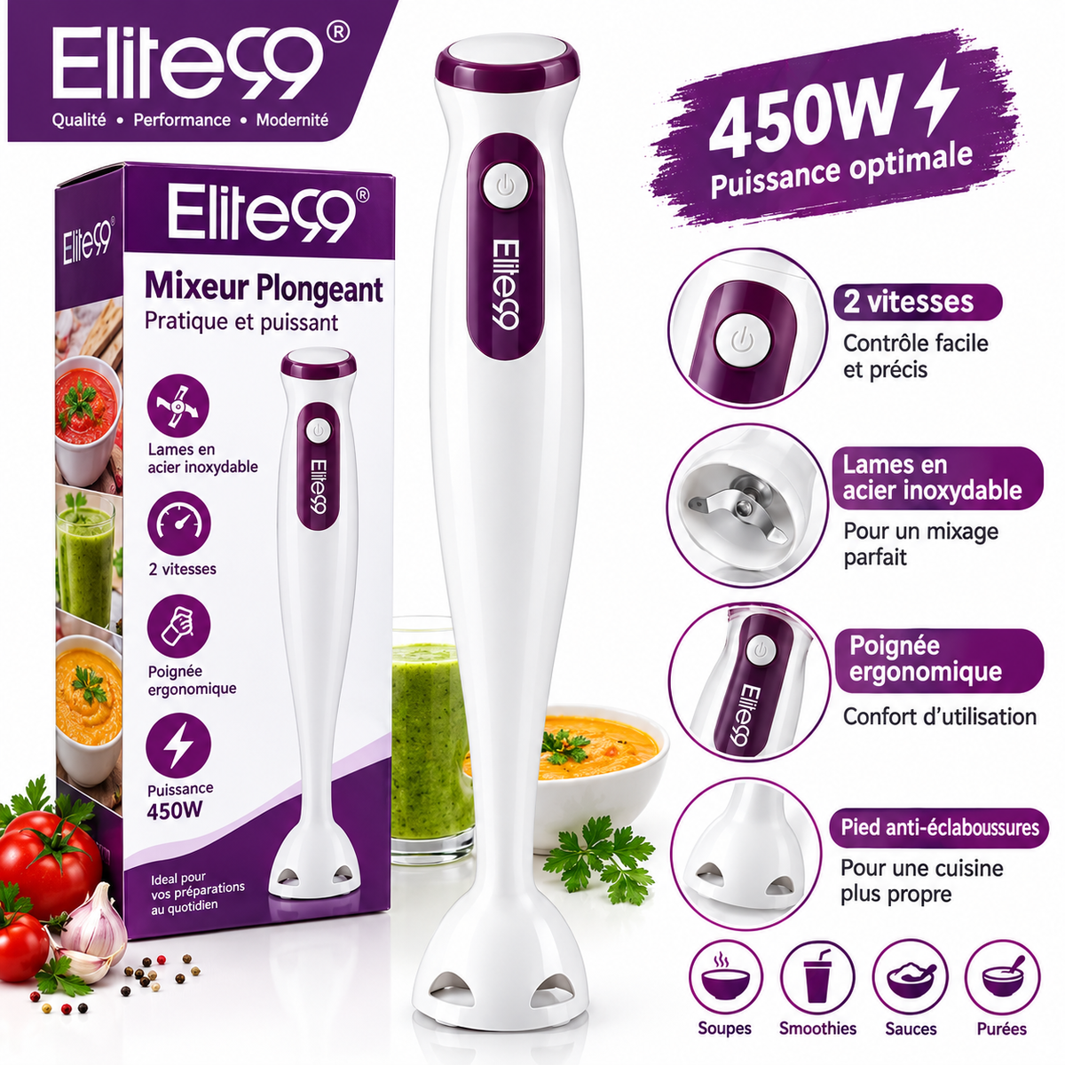 Elite99 – ELT-2308 – Mixeur Plongeant - Puissance 450 W