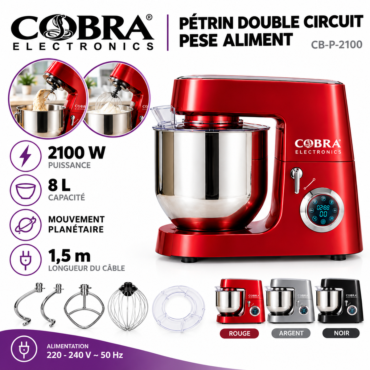 COBRA CB-P2100 – Pétrin Double Circuit - Puissance 2100 W (Avec pèse-aliment)