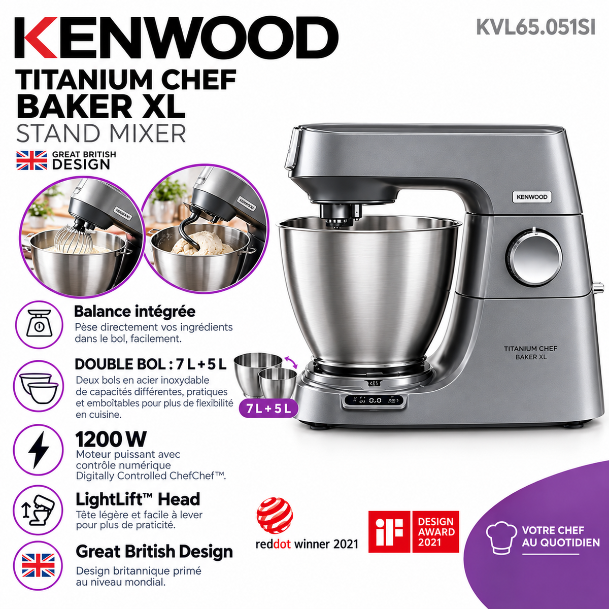 Kenwood Titanium Chef Baker XL KVL65.051SI – Pétrin - Puissance 1200 W (Capacité 7L + 5L)