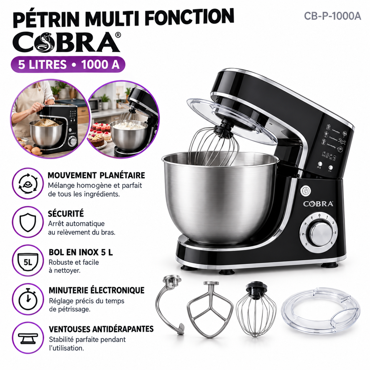 Cobra CB-P-1000A - Pétrin Multifonction - Puissance 1000 W (Capacité 5 L)