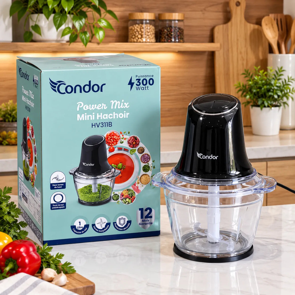 Condor – HV311B – Mini Hachoir Électrique - Bol en Verre 1 L et Puissance 300 W