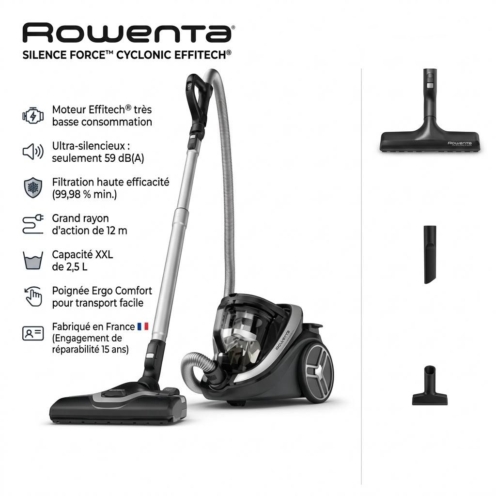 Aspirateur Sans Sac Ultra Silencieux 59dB 500W 2.5L Silence Force Cyclonic Effitech Rowenta RO7936EA