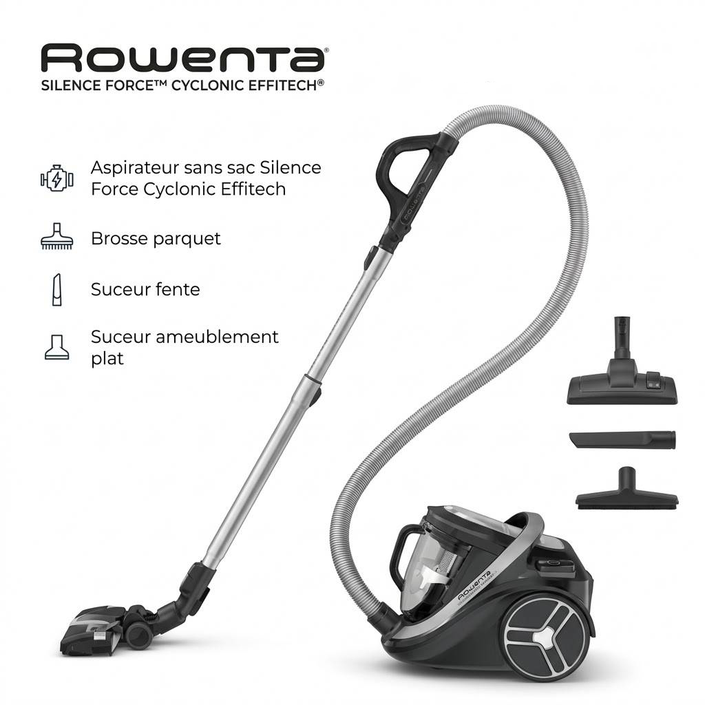 Aspirateur Sans Sac Ultra Silencieux 59dB 500W 2.5L Silence Force Cyclonic Effitech Rowenta RO7936EA