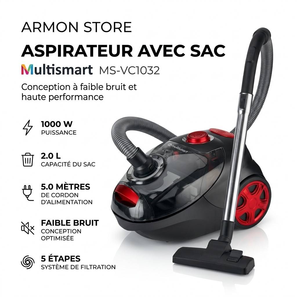 Aspirateur avec sac 1000 W 2L Multismart MS-VC1032