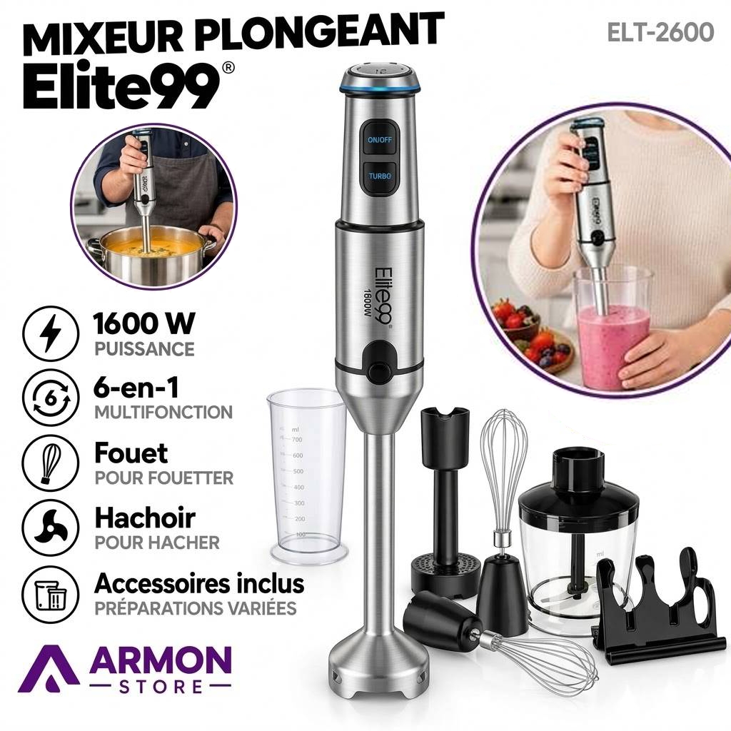 Elite99 – ELT-2600 – Mixeur Plongeant 6-en-1 - Puissance 1600 W