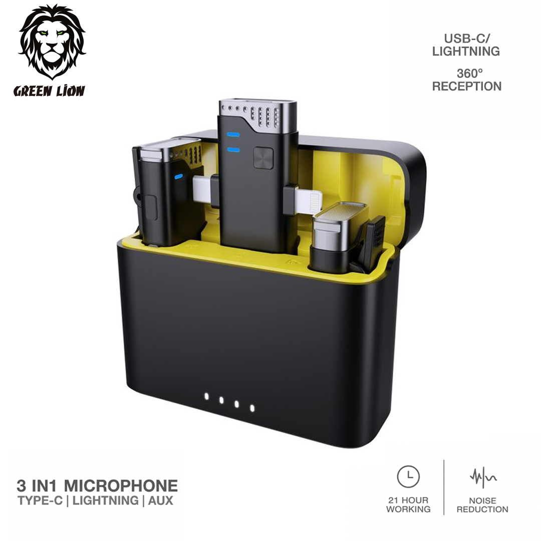 Kit Micro Sans Fil Double Green Lion 3-en-1 avec Boîtier de Charge (Autonomie 21h & Réduction de Bruit)
