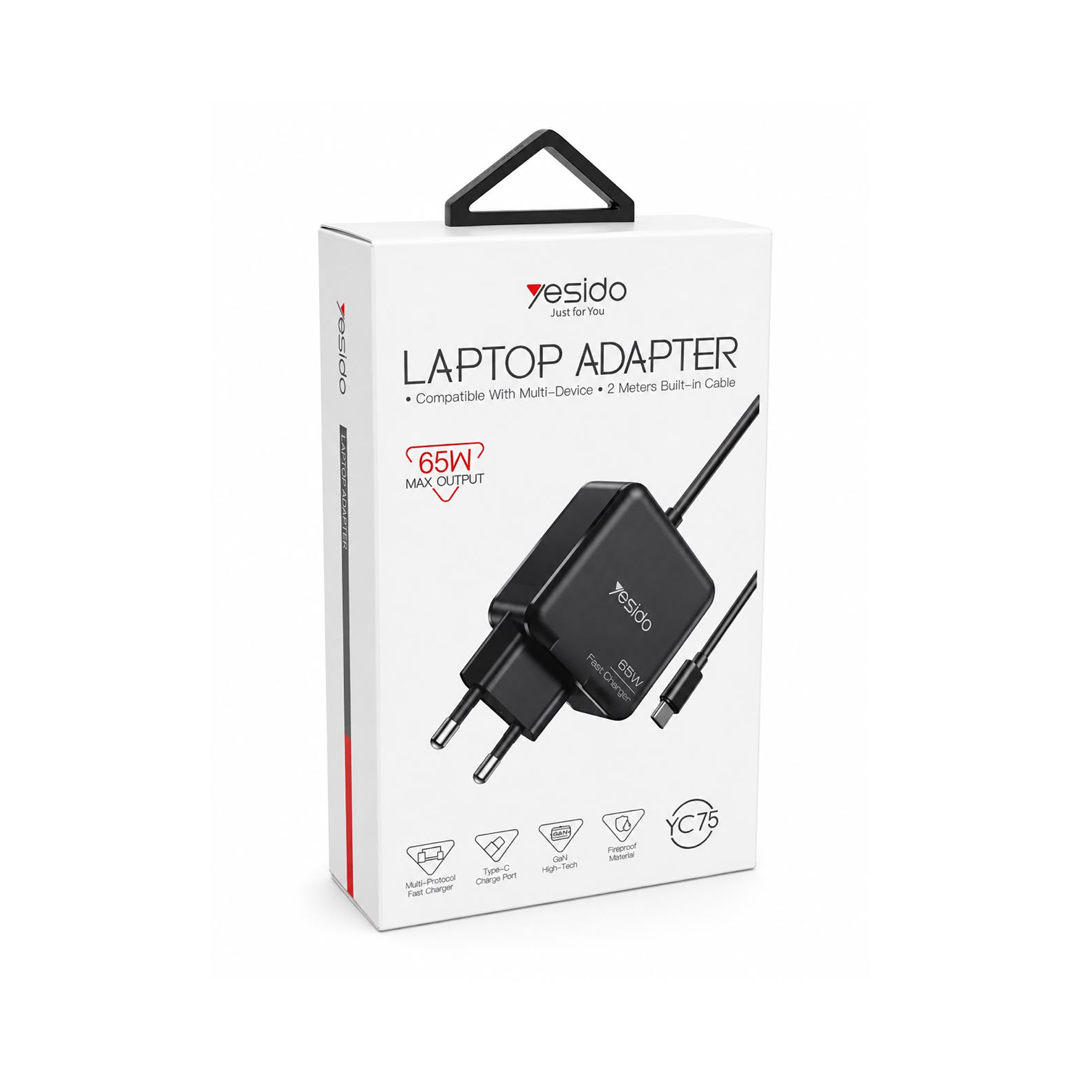 Adaptateur PC Portable Yesido 65W avec Cable Type-C Intégré (2 Mètres)